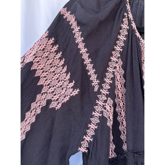 Free People Black Boho Embroidered Tunic Mini Dress Long Sleeve Size L - Picture 8 of 13